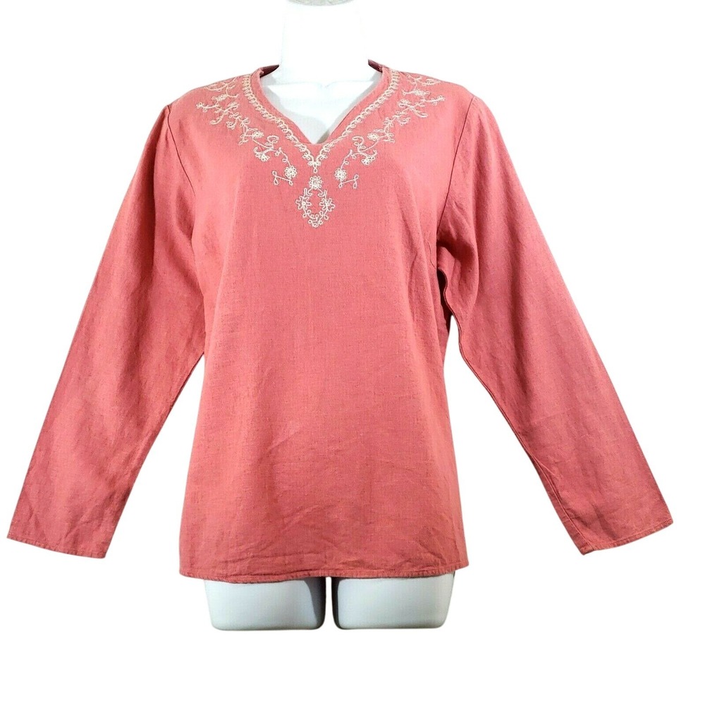 White Stag Blouse Women's S 4/6 V-Neck Embroidered Long Sleeve Linen Rayon